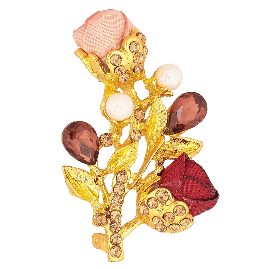 Брошка "Гілочка з рожево-червоними квіточками, стразами та перлинами" фото №1