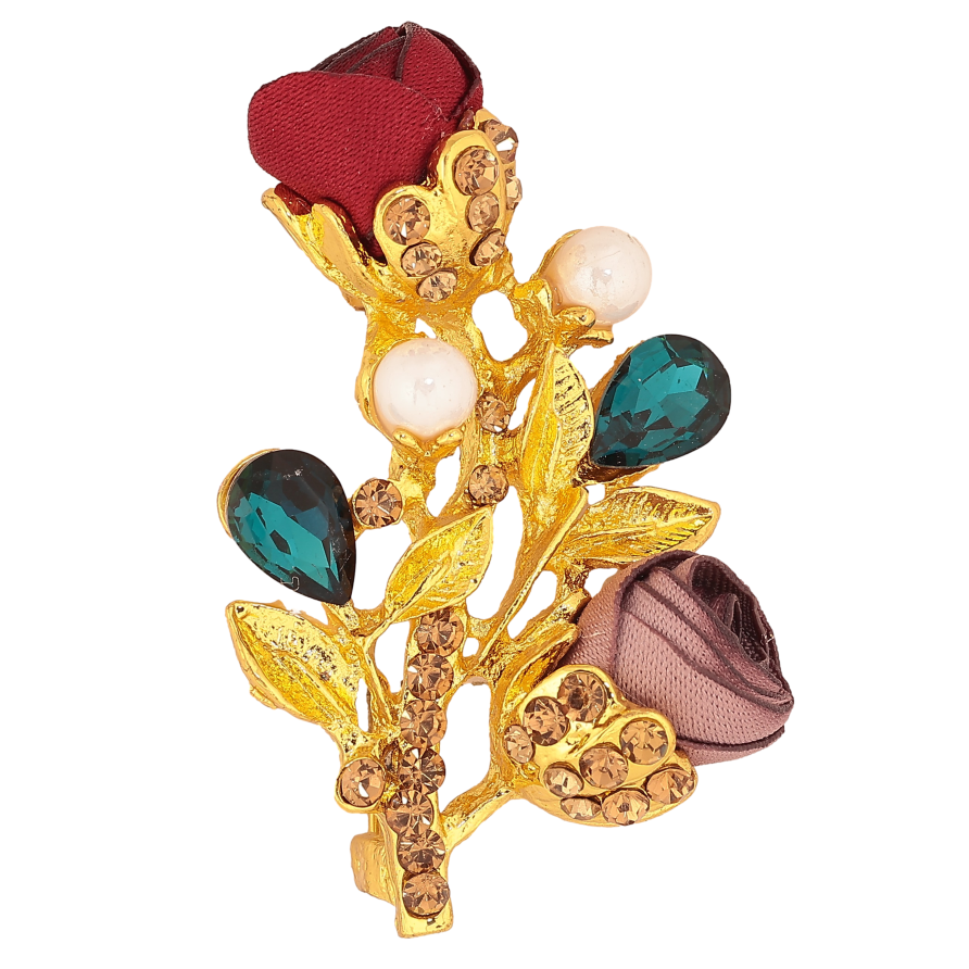 Брошка "Гілочка з червоно-бежевими квіточками, стразами та перлинами" фото №1