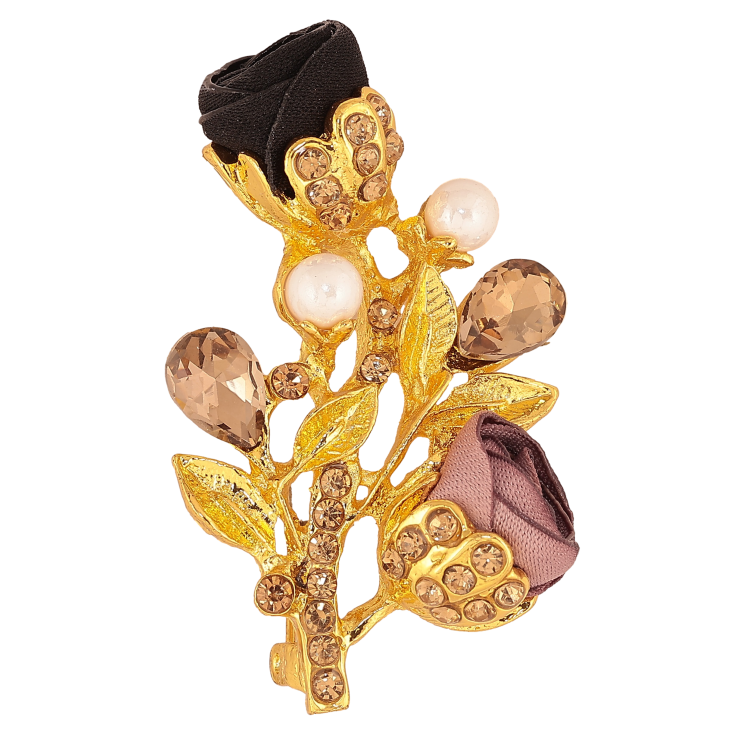 Брошь "Веточка с черно-бежевыми цветочками, стразами и жемчужинами" фото №25