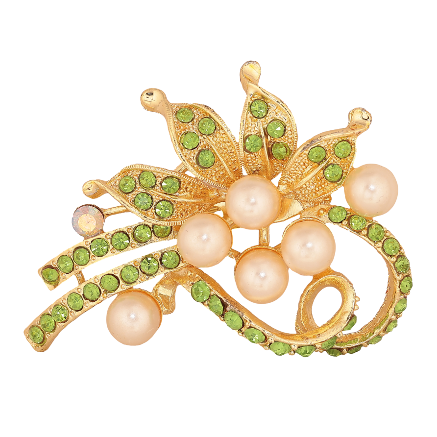 Брошка "Квіткова композиція із зеленими стразами та перлинами" фото №1