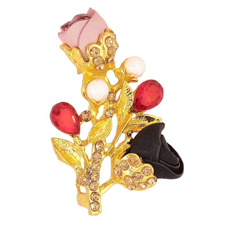 Брошка "Гілочка з рожево-чорними квіточками, стразами та перлинами" фото №5