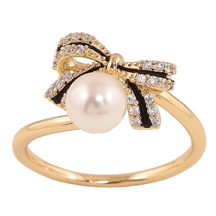 Каблучка Xuping колір позолота 14K бант з кристалами, перлиною та чорною емаллю фото №3