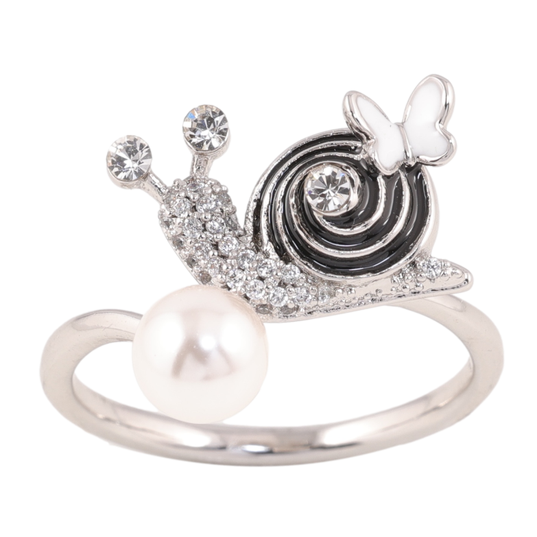Кольцо Xuping цвет родий улитка с жемчужиной, кристаллами и черной эмалью фото №1