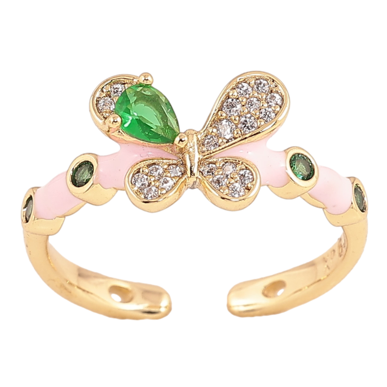 Кольцо Xuping цвет Позолота 14K "Бабочка с зелеными кристаллами и розовой эмалью" фото №1