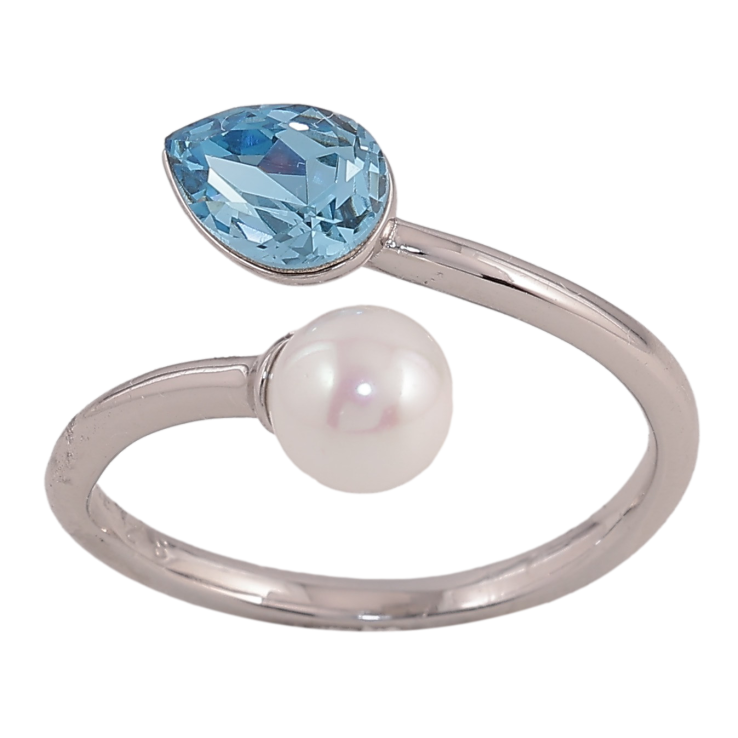 Каблучка Xuping колір Родій з кр-ми Swarovski "Кристал Aquamarine з перлиною" фото №12