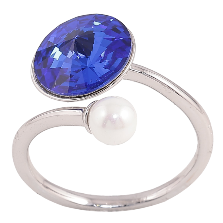 Каблучка Xuping колір Родій з кр-ми Swarovski "Кристал Capri Blue з перлиною, ø 5мм и 11мм" фото №1