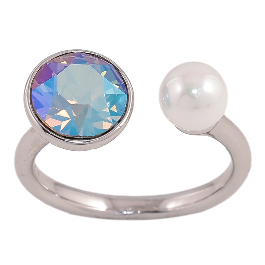 Каблучка Xuping колір Родій з кр-ми Swarovski "Кристал Erinite АВ з перлами, ø 6мм та 9мм" фото №1 Каблучка Xuping колір Родій з кр-ми Swarovski "Кристал Erinite АВ з перлами, ø 6мм та 9мм" фото №1