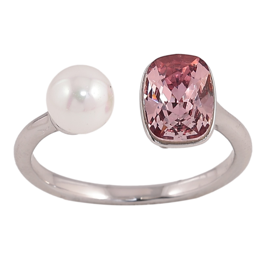 Каблучка Xuping колір Родій з кр-ми Swarovski "Кристал Antique Pink з перлами, ø 6мм, 6х8мм" фото №1