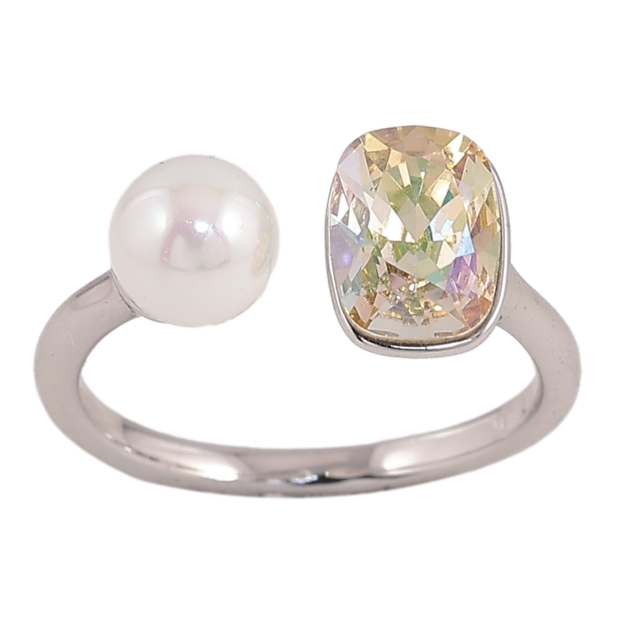 Каблучка Xuping колір Родій з кр-ми Swarovski "Кристал Luminous Green з перлами, ø 6мм, 6х8мм" фото №1