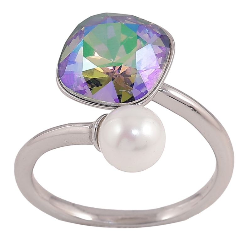 Каблучка Xuping колір Родій з кр-ми Swarovski "Кристал Peridot Shimmer з перлиною, ø 10мм та 6мм" фото №1 Каблучка Xuping колір Родій з кр-ми Swarovski "Кристал Peridot Shimmer з перлиною, ø 10мм та 6мм" фото №1