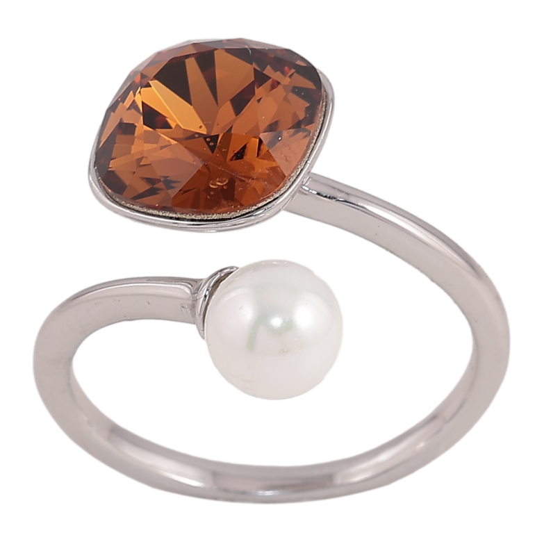 Кольцо Xuping цвет Родий с кр-ми Swarovski "Кристалл Smoked Topaz с жемчужиной, ø 10мм и 6мм" фото №2 Кольцо Xuping цвет Родий с кр-ми Swarovski "Кристалл Smoked Topaz с жемчужиной, ø 10мм и 6мм" фото №2