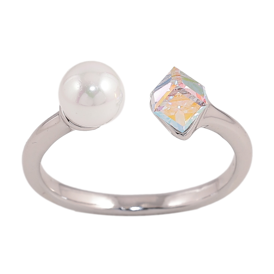 Каблучка Xuping колір Родій з кр-ми Swarovski "Кристальний кубик АВ з перлами, ø 6мм, 4х4мм" фото №1