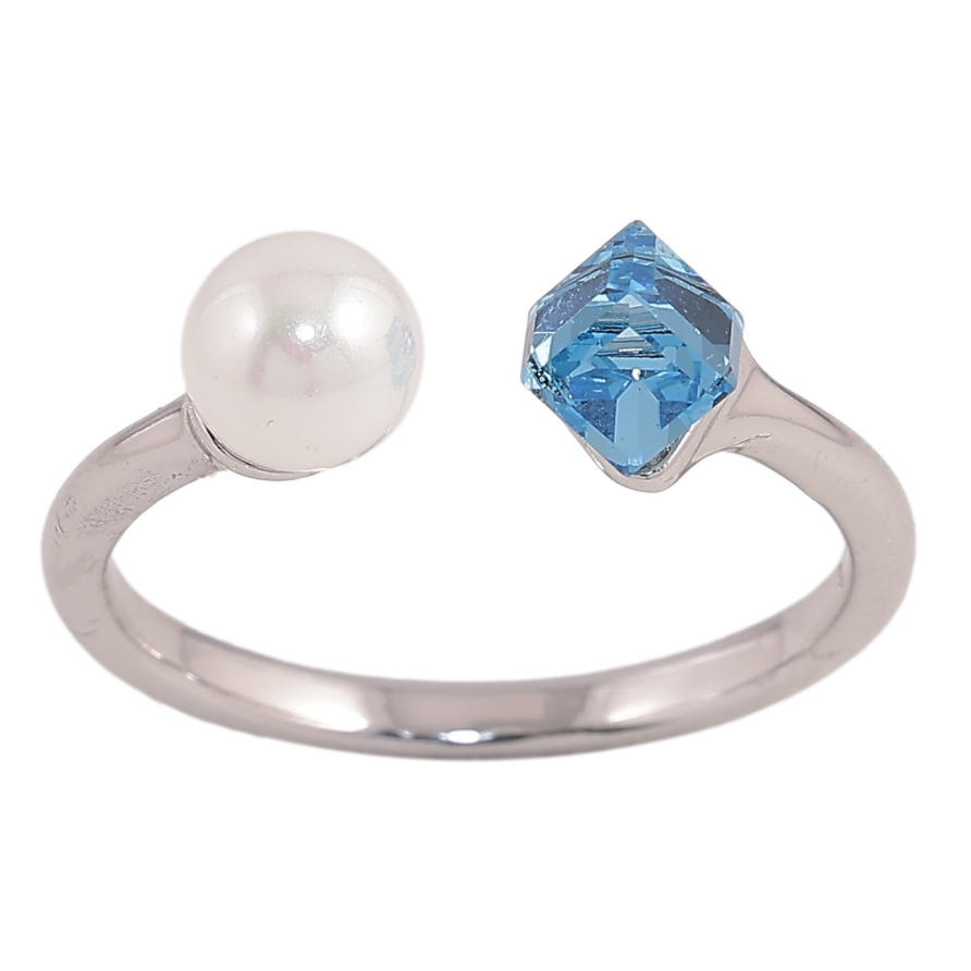Каблучка Xuping колір Родій з кр-ми Swarovski "Кристальний кубик Aquamarine з перлами, ø 6мм, 4х4мм" фото №1 Каблучка Xuping колір Родій з кр-ми Swarovski "Кристальний кубик Aquamarine з перлами, ø 6мм, 4х4мм" фото №1