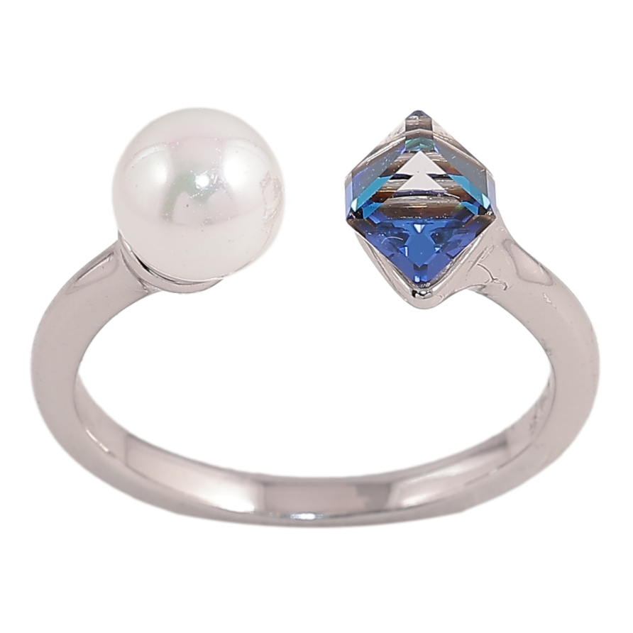 Каблучка Xuping колір Родій з кр-ми Swarovski "Кристальний кубик Metallic Blue з перлами, ø 6мм, 4х4мм" фото №1