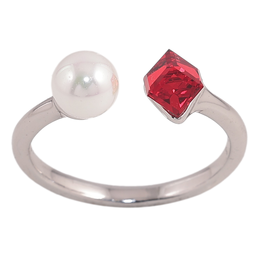 Каблучка Xuping колір Родій з кр-ми Swarovski "Кристальний кубик Siam з перлами, ø 6мм, 4х4мм" фото №1