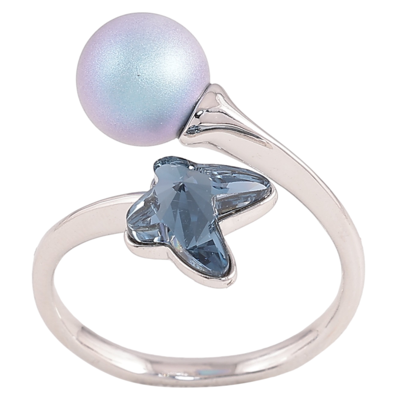 Каблучка Xuping колір Родій з кристалами Swarovski "Матова перлина з кристальним метеликом Montana" фото №2