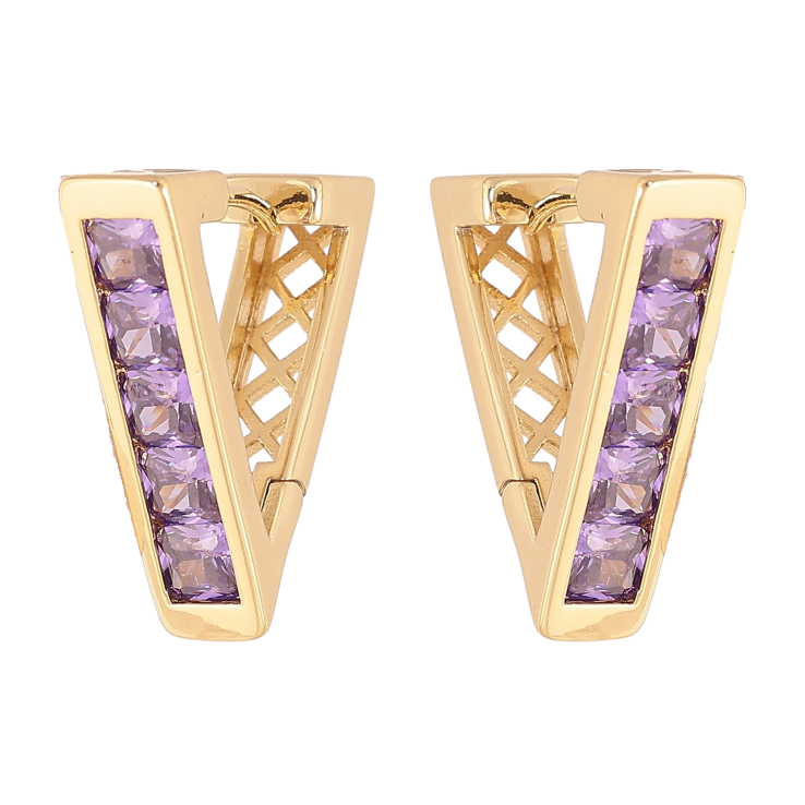 Серьги Xuping цвет Позолота 14K колечки "Треугольники с дорожками сиреневых кристаллов" фото №5 Серьги Xuping цвет Позолота 14K колечки "Треугольники с дорожками сиреневых кристаллов" фото №5