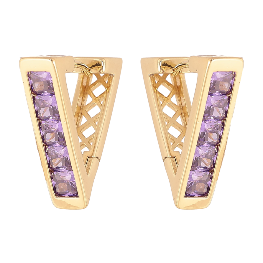 Сережки Xuping колір Позолота 14K колечка "Трикутники з доріжками бузкових кристалів" фото №1 Сережки Xuping колір Позолота 14K колечка "Трикутники з доріжками бузкових кристалів" фото №1