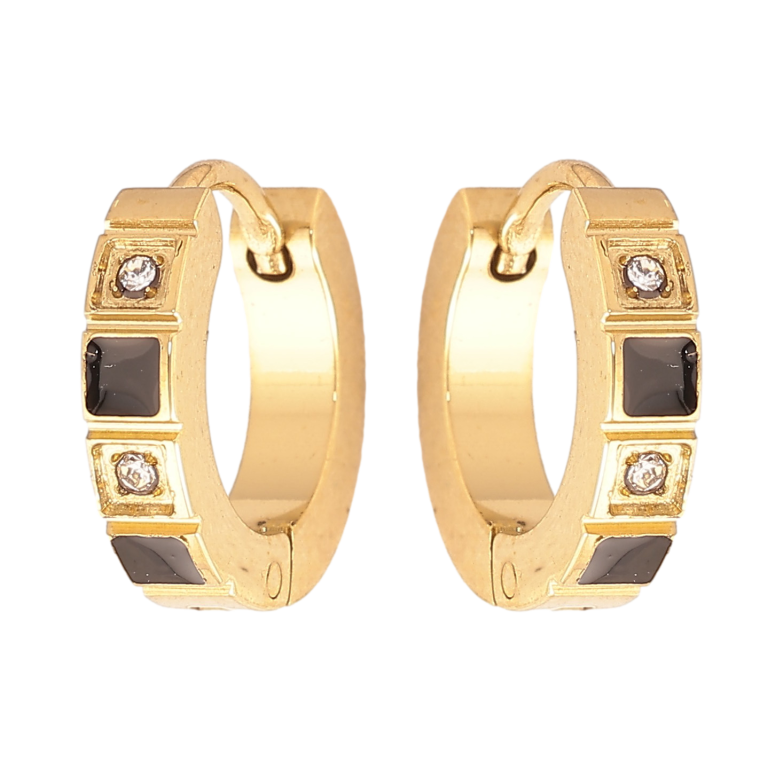Серьги Xuping TTM Stainless Steel цвет 14K колечки "Узор с кристаллами и черной эмалью" фото №1 Серьги Xuping TTM Stainless Steel цвет 14K колечки "Узор с кристаллами и черной эмалью" фото №1