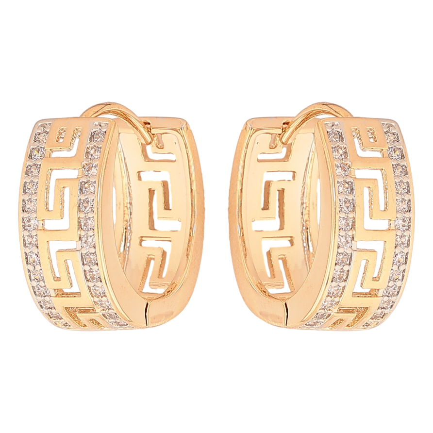 Серьги Xuping цвет Позолота 18K + Родий колечки "Меандровая линия с дорожками кристаллов" фото №1