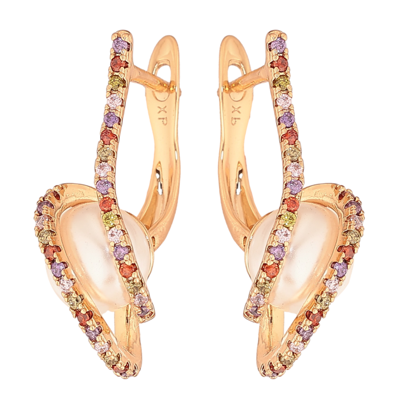 Сережки Xuping колір Позолота 18К англійський замок "Перлини з доріжками різнокольорових кристалів" фото №1