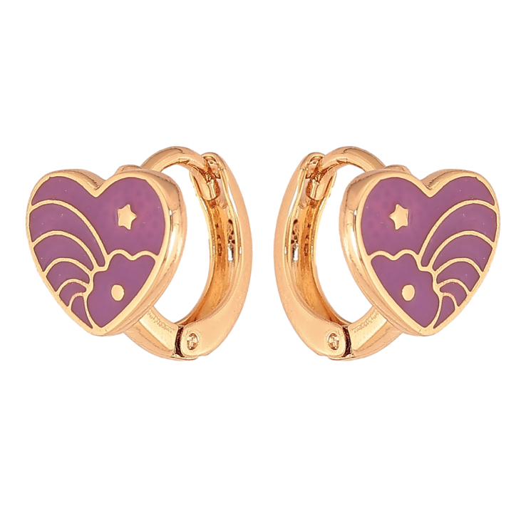 Сережки Xuping колір Позолота 18К колечка "Сердечки з візерунком бузковою емаллю" фото №7