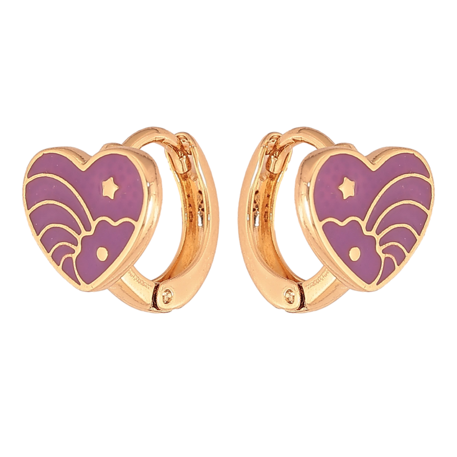 Сережки Xuping колір Позолота 18К колечка "Сердечки з візерунком бузковою емаллю" фото №1 Сережки Xuping колір Позолота 18К колечка "Сердечки з візерунком бузковою емаллю" фото №1