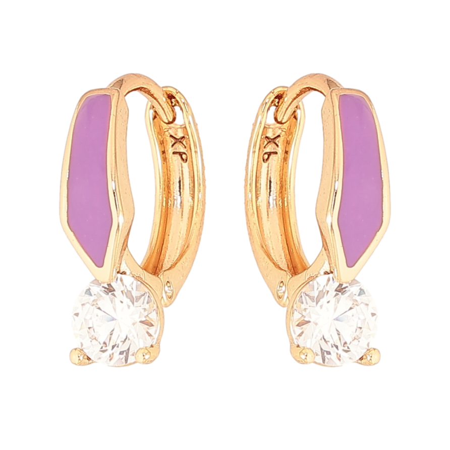 Серьги Xuping цвет Позолота 18К колечки "Узор с сиреневой эмалью и кристаллом" фото №1