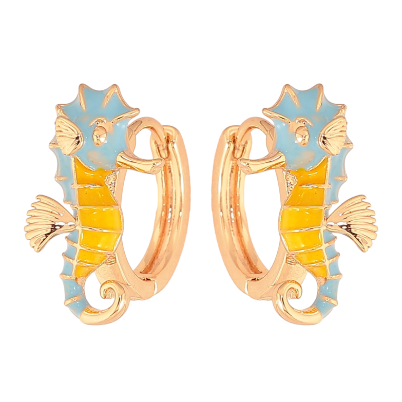 Серьги Xuping цвет Позолота 18К колечки "Морской конек с желто-голубой эмалью" фото №1