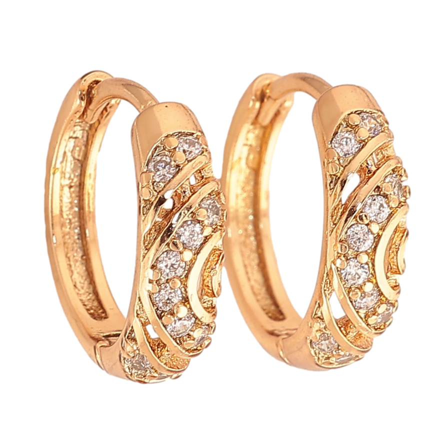 Серьги Xuping цвет Позолота 18К колечки "Узор с кристаллами" на одну сторону фото №1