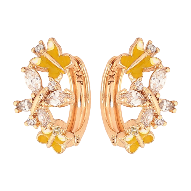 Серьги Xuping цвет Позолота 18К колечки "Бабочки с кристаллами и желтой эмалью" фото №3 Серьги Xuping цвет Позолота 18К колечки "Бабочки с кристаллами и желтой эмалью" фото №3