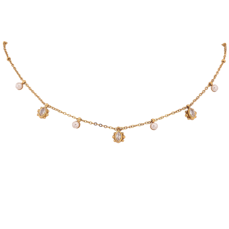 Кольє Xuping ТТМ Stainless Steel колір 14К "Ланцюжок з кристальними та перлинними підвісками" довжина 40-46см х 1-2мм фото №1 Кольє Xuping ТТМ Stainless Steel колір 14К "Ланцюжок з кристальними та перлинними підвісками" довжина 40-46см х 1-2мм фото №1