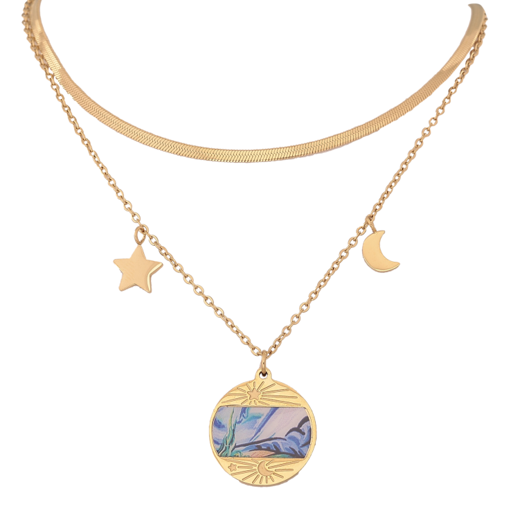 Кольє Xuping ТТМ Stainless Steel колір 14К "Подвійний ланцюжок з підвісками" довжина 41-46см х 1.5-2мм фото №4