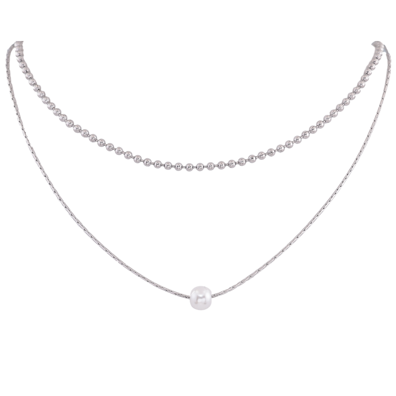 Колье Xuping ТТМ Stainless Steel цвет Родий "Двойная цепочка с жемчужиной, ø 6мм" длинна 40-45см х 1-2мм фото №1 Колье Xuping ТТМ Stainless Steel цвет Родий "Двойная цепочка с жемчужиной, ø 6мм" длинна 40-45см х 1-2мм фото №1