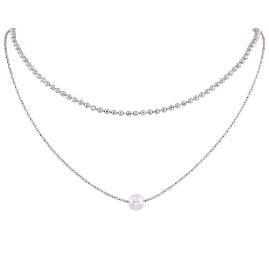 Кольє Xuping ТТМ Stainless Steel колір Родій "Подвійний ланцюжок з перлиною, ø 6мм" довжина 40-45см х 1-2мм фото №1