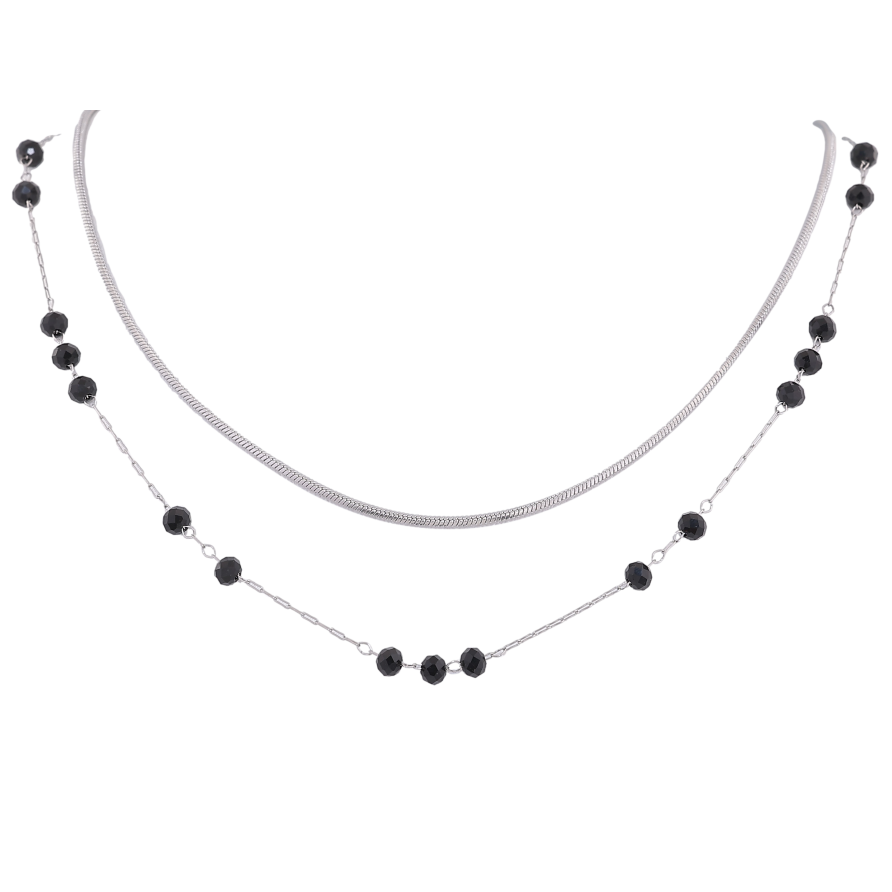 Кольє Xuping ТТМ Stainless Steel колір Родій "Подвійний ланцюжок з чорними намистинами" довжина 41-46см х 1-3мм фото №1