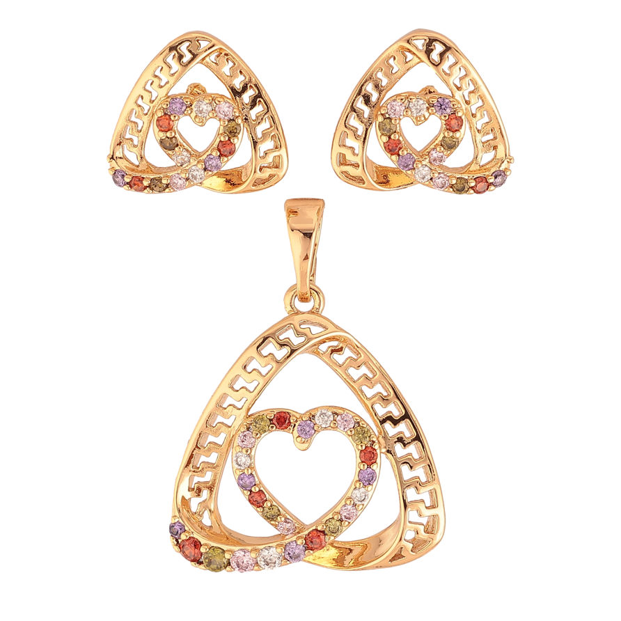 Набор Xuping цвет Позолота 18K Серьги Кулон "Треугольники с сердечками и цветными кристаллами" фото №1 Набор Xuping цвет Позолота 18K Серьги Кулон "Треугольники с сердечками и цветными кристаллами" фото №1