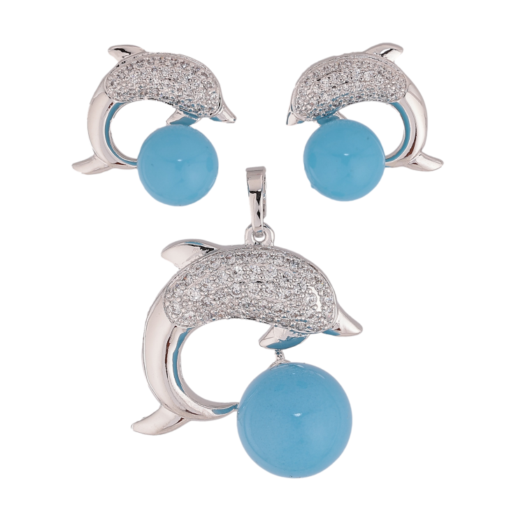 Набор Xuping Родий Серьги Кулон Дельфин с Голубой Бусиной фото №17 Набор Xuping Родий Серьги Кулон Дельфин с Голубой Бусиной фото №17