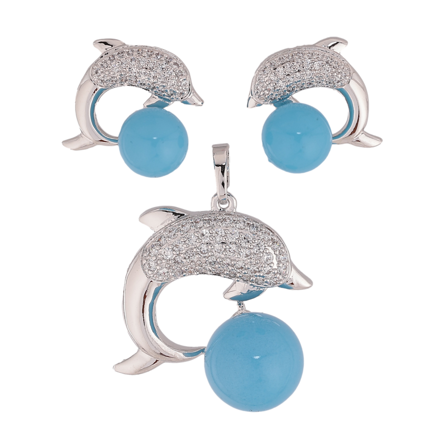 Набор Xuping Родий Серьги Кулон Дельфин с Голубой Бусиной фото №1