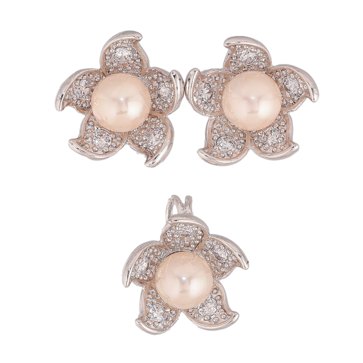 Набір Xuping колір Родій Сережки Кулон "Квітка з перлиною" фото №1 Набір Xuping колір Родій Сережки Кулон "Квітка з перлиною" фото №1