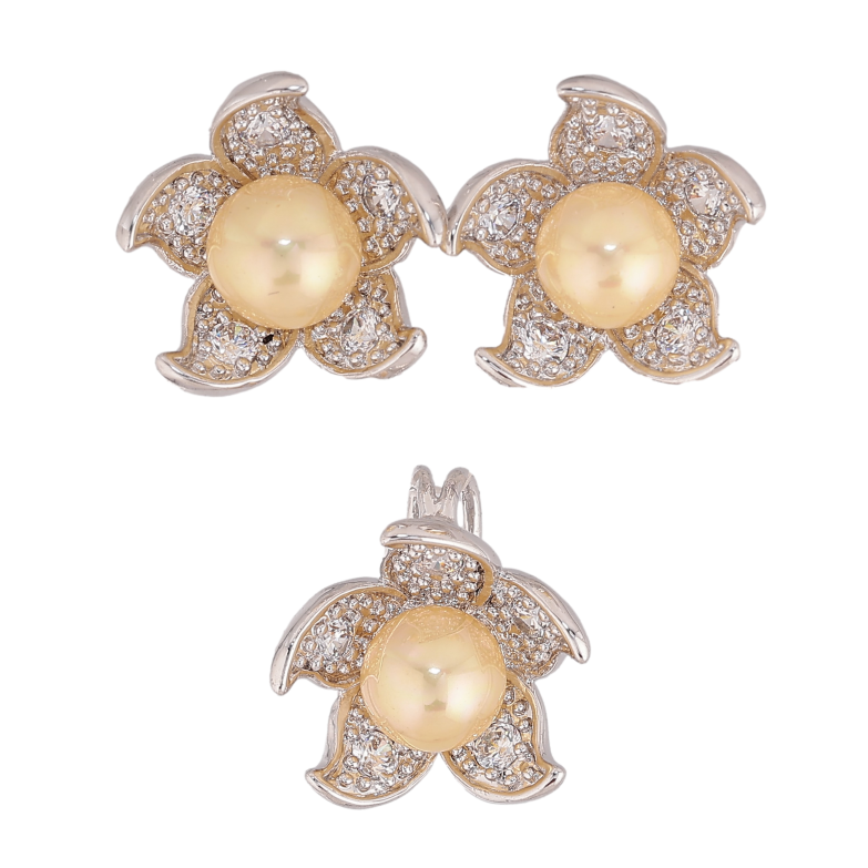 Набір Xuping колір Родій Сережки Кулон "Квіточки з жовтими перлинами" фото №1 Набір Xuping колір Родій Сережки Кулон "Квіточки з жовтими перлинами" фото №1