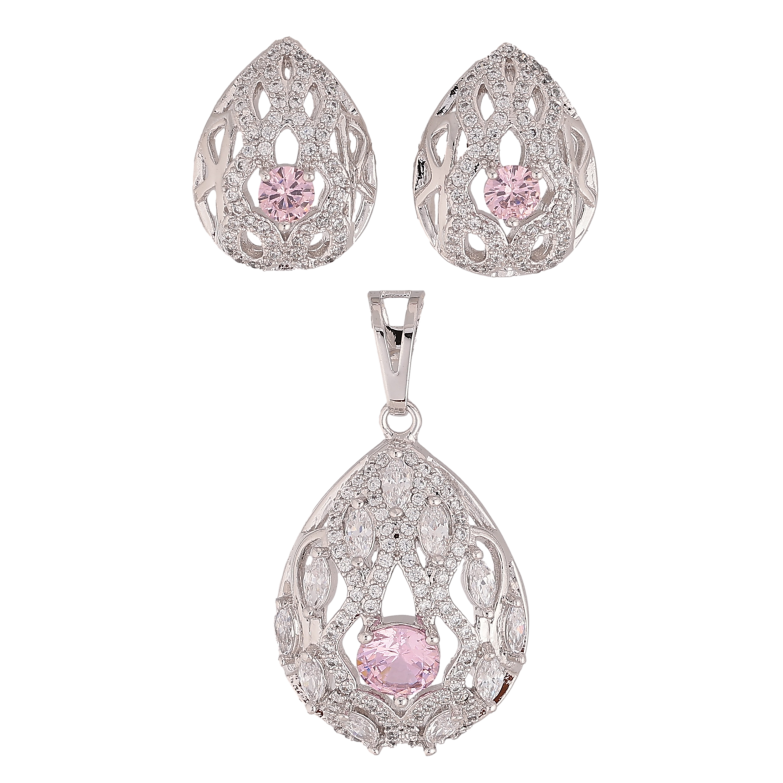 Набір Xuping колір Родій Сережки Кулон "Ажурна крапля з рожевими кристалами" фото №1