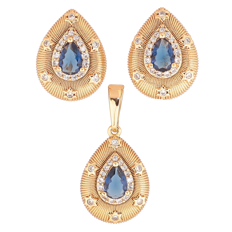 Набір Xuping колір Позолота 18K сережки кулон "Крапельки з візерунком та синіми кристалами" фото №15 Набір Xuping колір Позолота 18K сережки кулон "Крапельки з візерунком та синіми кристалами" фото №15