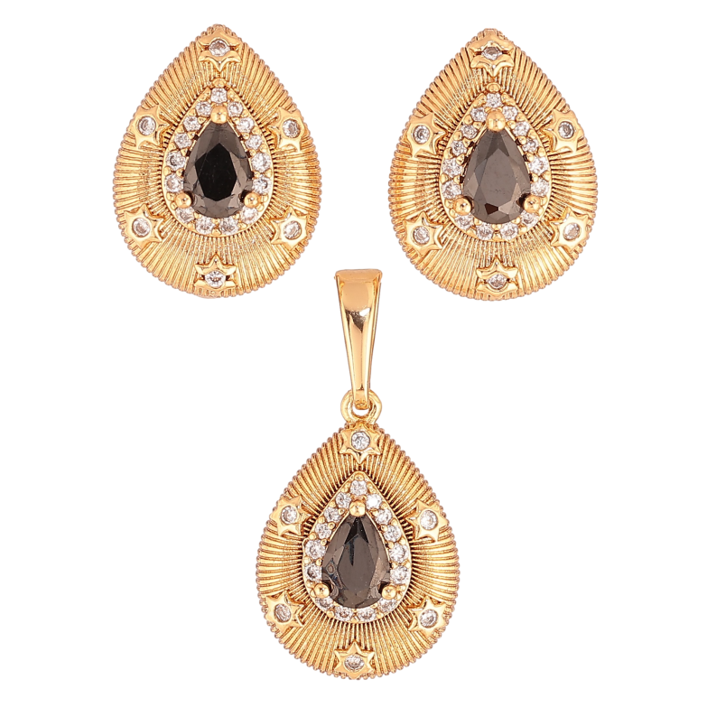 Набор Xuping цвет Позолота 18K серьги кулон "Капельки с узором и черными кристаллами" фото №1