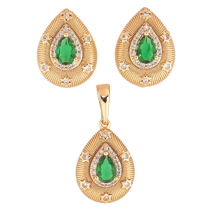 Набір Xuping колір Позолота 18K сережки кулон "Крапельки з візерунком та зеленими кристалами" фото №19 Набір Xuping колір Позолота 18K сережки кулон "Крапельки з візерунком та зеленими кристалами" фото №19