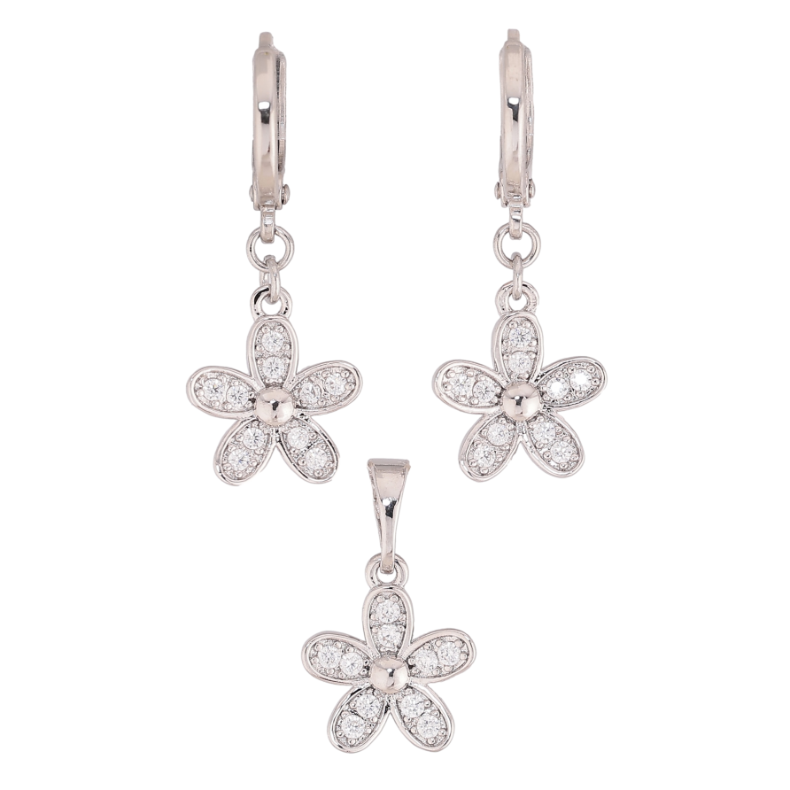 Набір Xuping колір Родій Сережки Кулон "Квіточки з кристалами" фото №1 Набір Xuping колір Родій Сережки Кулон "Квіточки з кристалами" фото №1
