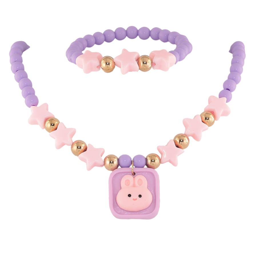 Набір дитячий Xuping TTM Stainless Steel колір 14К Кольє Браслет "Бузкові намистини з рожевими зірочками" на гумці фото №1 Набір дитячий Xuping TTM Stainless Steel колір 14К Кольє Браслет "Бузкові намистини з рожевими зірочками" на гумці фото №1