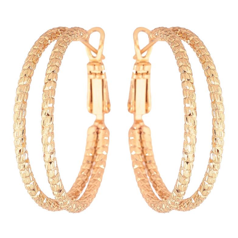 Сережки Xuping колір Позолота 18K кільця (конго) "Подвійні з візерунком" ø 3см фото №1