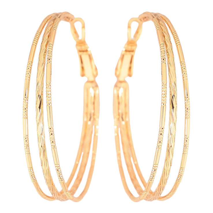 Серьги Xuping цвет Позолота 18K кольца (конго) "Тройные с узором" ø 4см фото №3