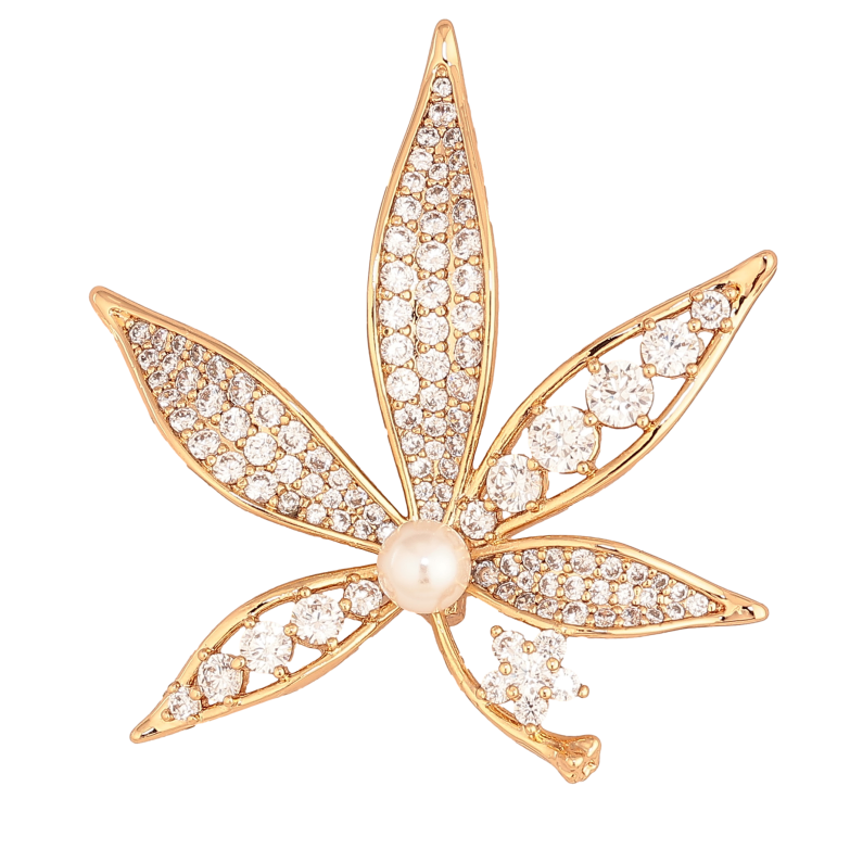 Брошь Xuping цвет Позолота 18K "Листик с инкрустацией кристаллами и жемчужиной" фото №1